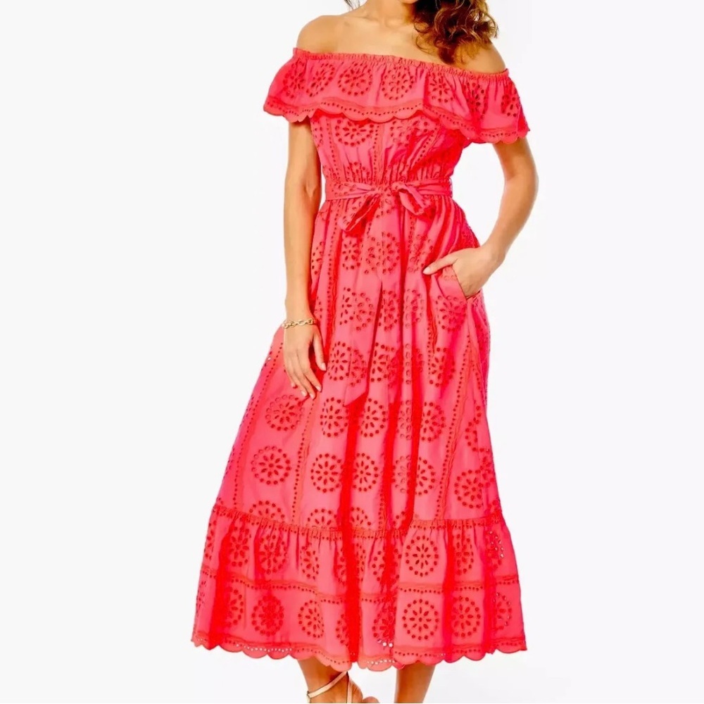 Lilly Pulitzer Liabella Off Shoulder Midi Dress Sz XS Coral Sunnyside Eyelet